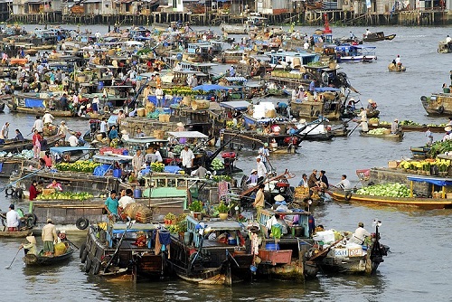 les barques qui se réunissent dans le marché flottant animé de Cai Rang au delta du mékong